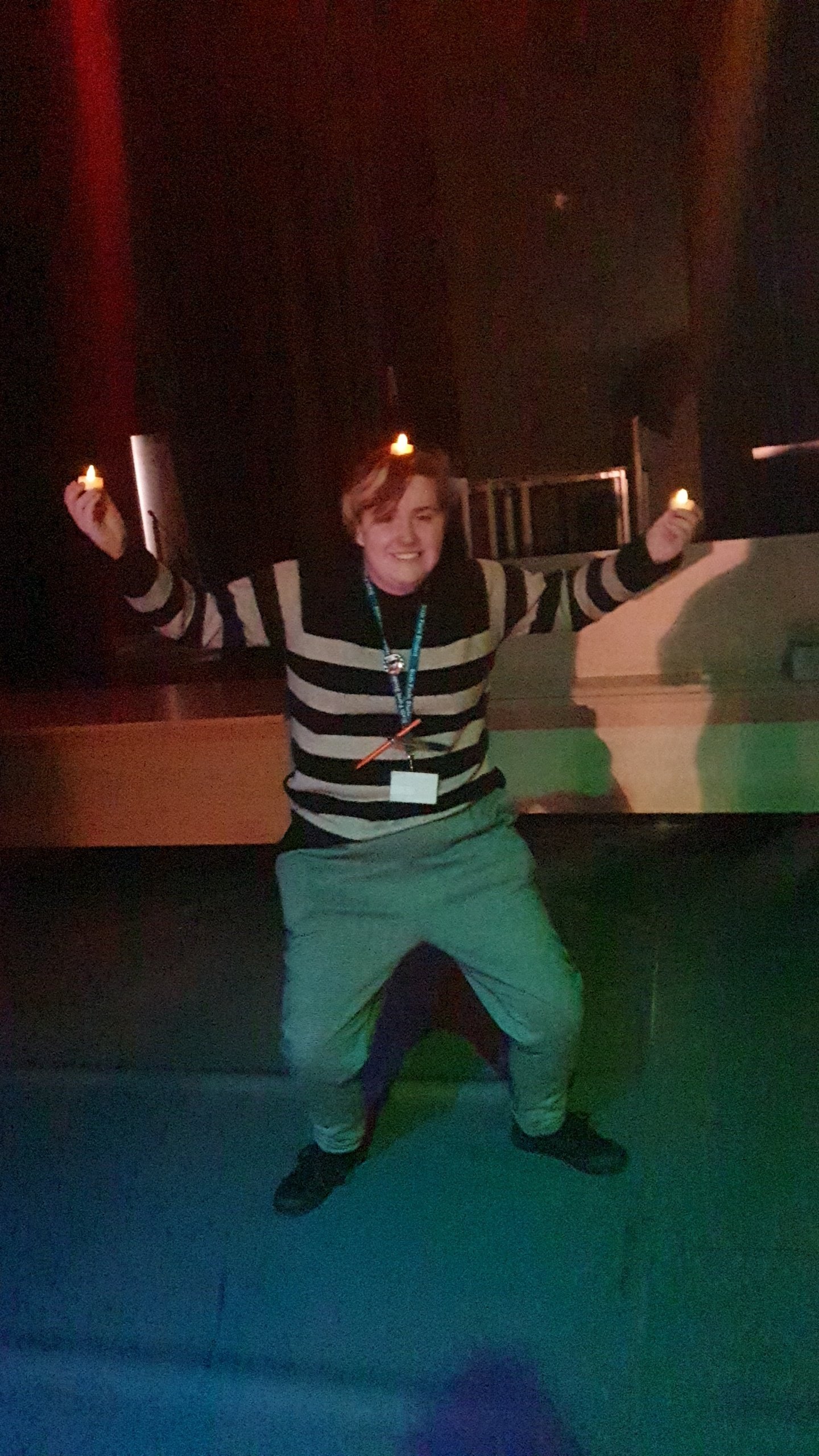In sixth form, I also experimented with different colour lights, and how it would react with other things. For example, here I was using blue and green lights primarily to see how it would react with the blue trousers my friend was wearing, as well a