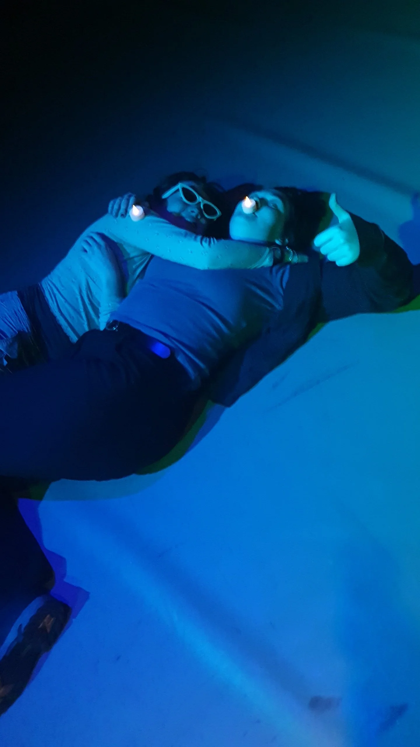 This was another time I was experimenting with colour. This time, I used a deep blue, and only that blue. I found that the candle lights appeared a much whiter colour, and that my friend's shirt turned blue.