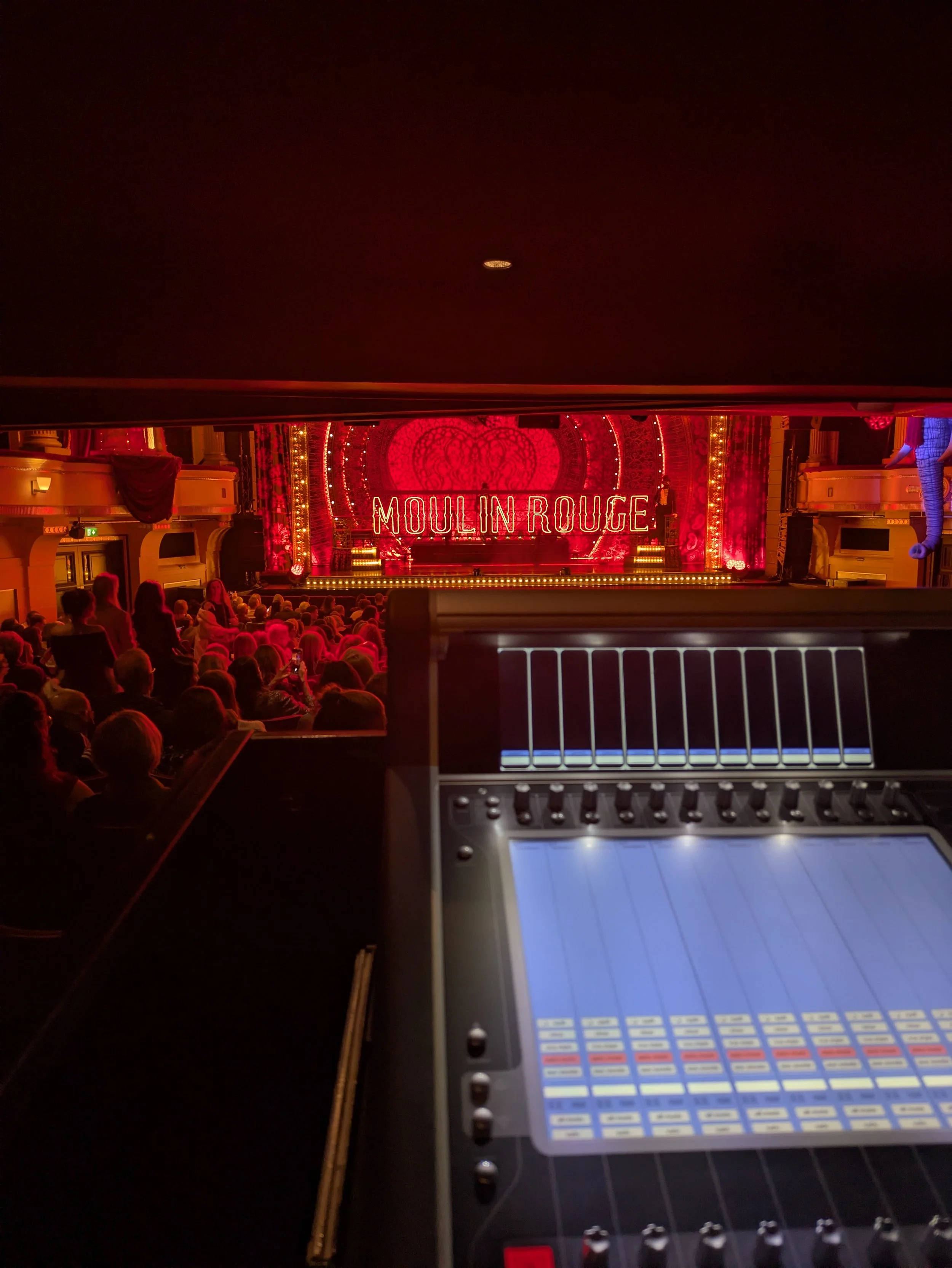 I had the amazing opportunity in November of 2025 to shadow the sound department of the international tour of Moulin Rouge. This picture was taken whilst I was shadowing the front of house plot, where I got to witness the head of sound mixing the sho