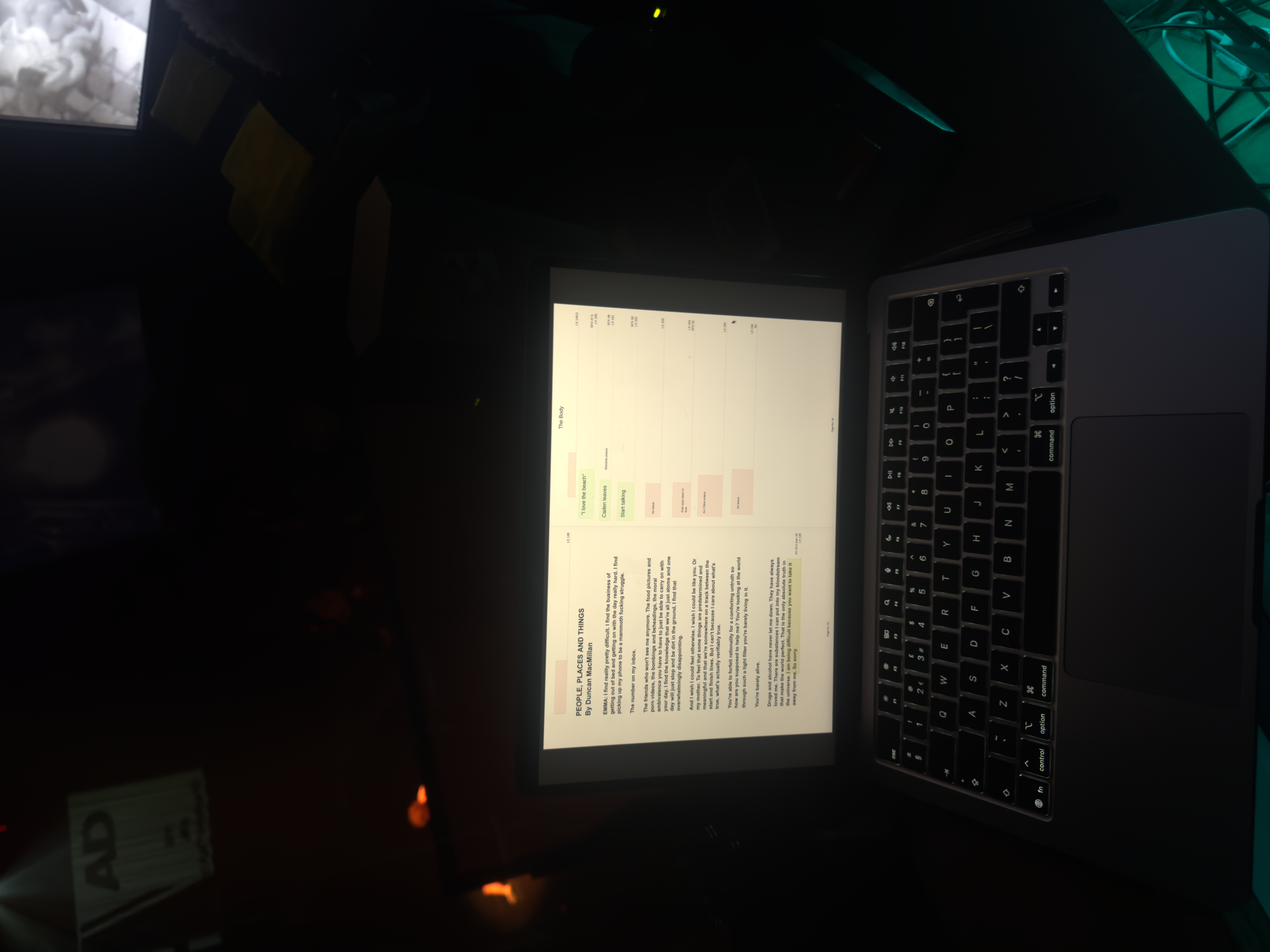 One of the script pages from my digital script that I used for 'Chaos' - I used different colours to correspond to different departments so I always knew what was coming up