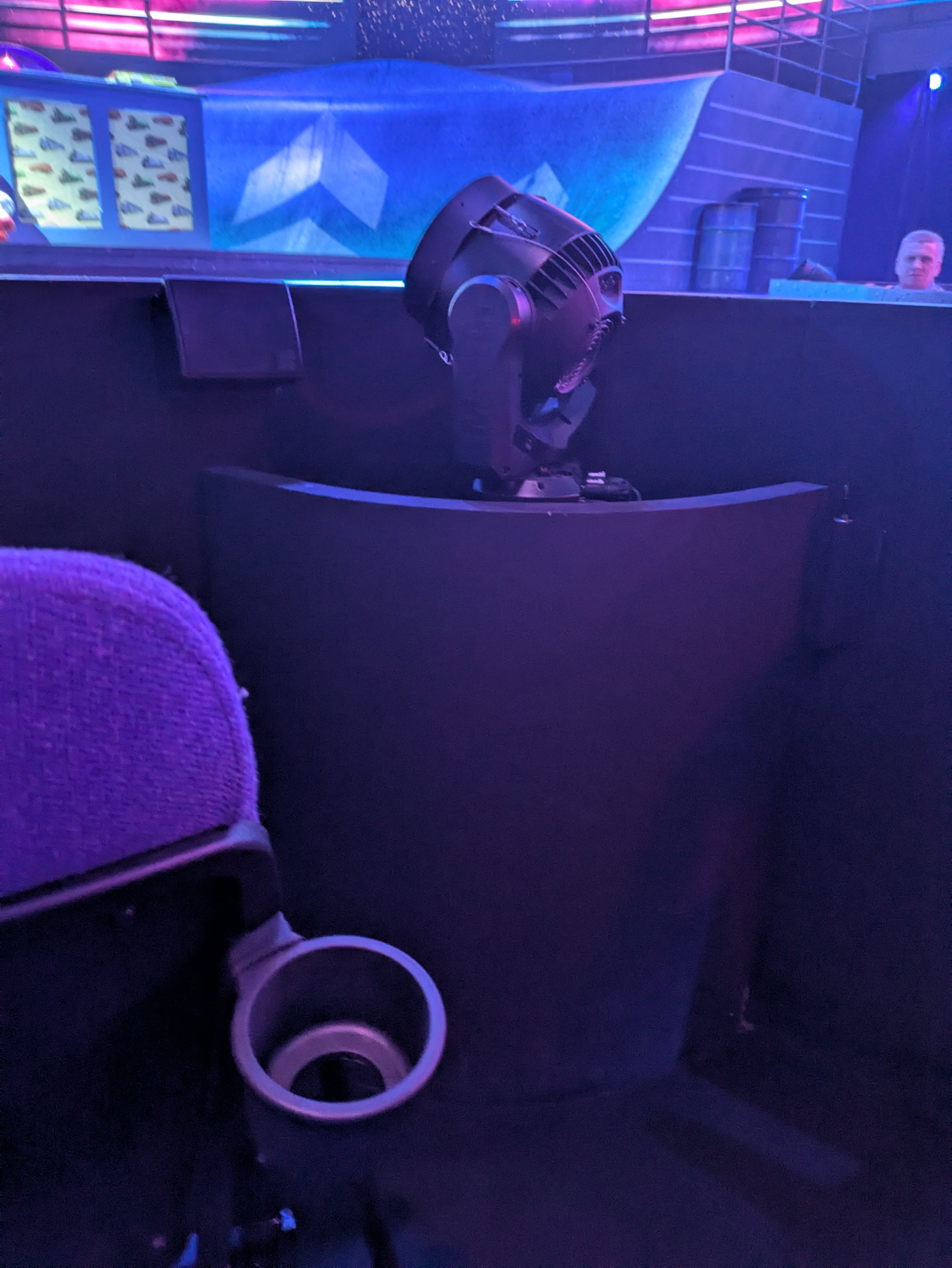 Starlight Express at the Troubadour Theatre in London — they have moving heads in each of the 'carriage' sections of seating that rise up during races to create an intense feeling, with lights moving quickly.