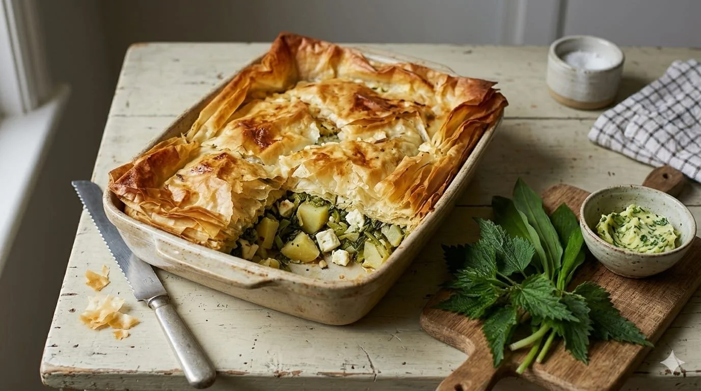 Wild Garlic Filo Pie by Dame Tara Fraser, inspired by Robin Harford