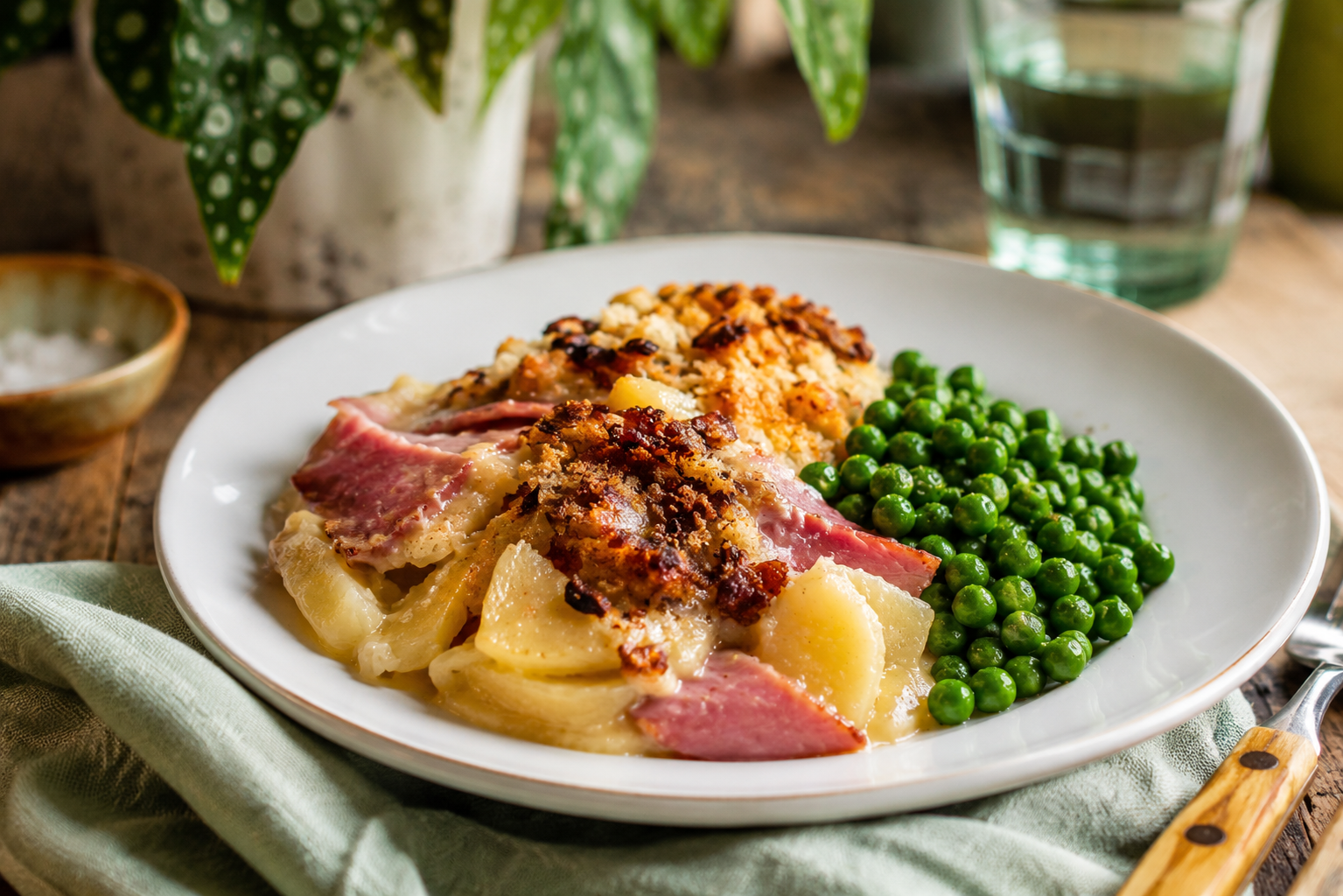 Comforting ham, leek and mustard gratin