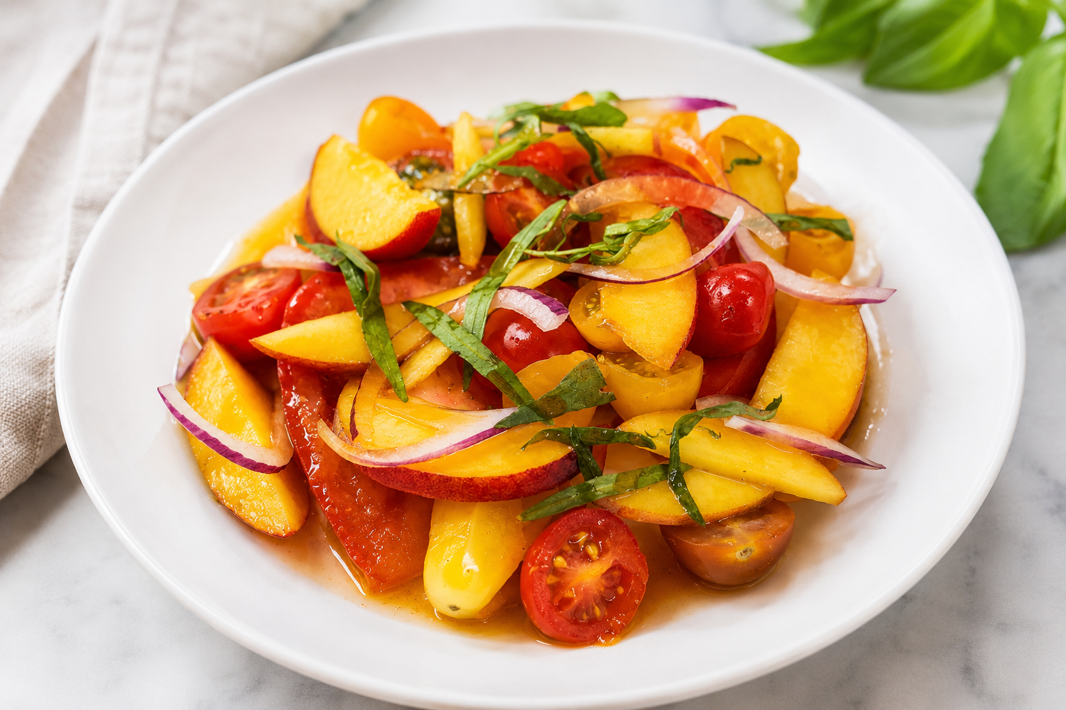 Peach and tomato salad with hot honey vinaigrette