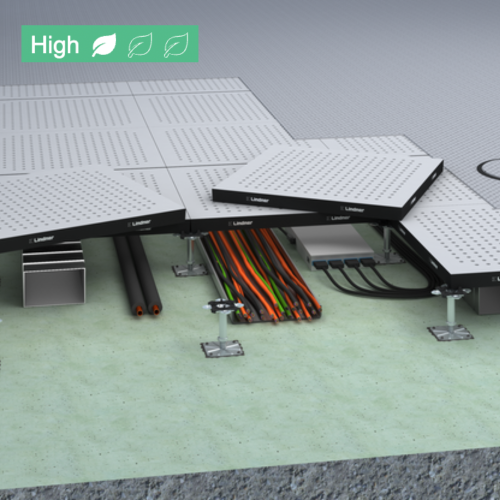 Close-up of an electrical or data panel with cables and wiring organized underneath a perforated metal cover, with a green leaf icon and the word 'High' indicating a high level of eco-friendliness or energy efficiency.