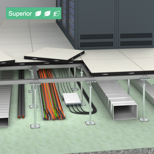 View of data center cables and equipment under raised floor panels, with green environmental icons and words indicating 'Superior' environment