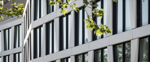 Close-up of a modern building's exterior with reflective glass windows and metal framing, with green tree leaves in the foreground.