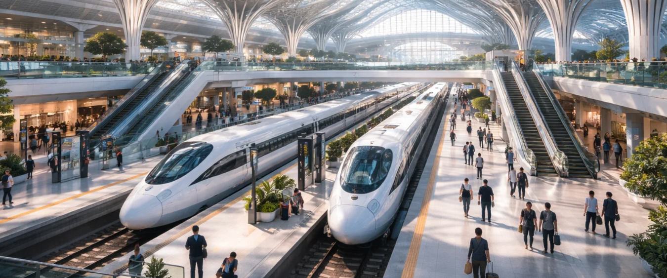 A modern train station with two high-speed trains on parallel tracks, surrounded by travelers and passengers, with escalators and an elevated walkway inside a spacious, glass-roofed structure.