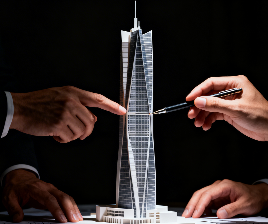 Two hands, one pointing and one holding a pen, appear to be working on a model of a tall skyscraper against a black background.