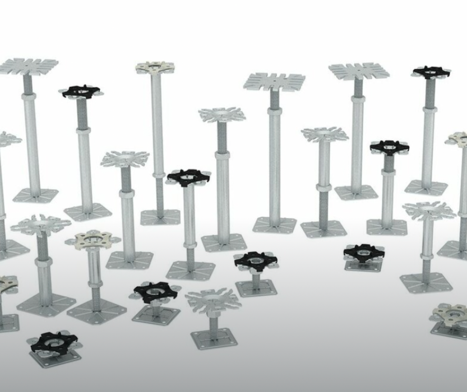 Multiple adjustable plastic stands with flower-shaped tops and square bases, arranged on a plain white background.