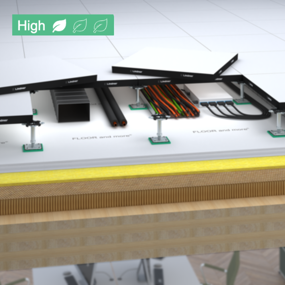 Close-up of a ceiling grid with electrical wiring, conduit pipes, and cable management, with labels 'FLOOR AND CEILING' and a green 'High' environmental impact indicator.