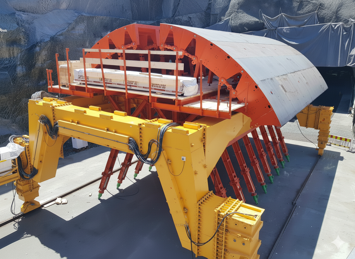 Large construction machinery with yellow and orange components, including a curved steel structure on top and hydraulic arms on the sides, situated outdoors on a concrete surface.