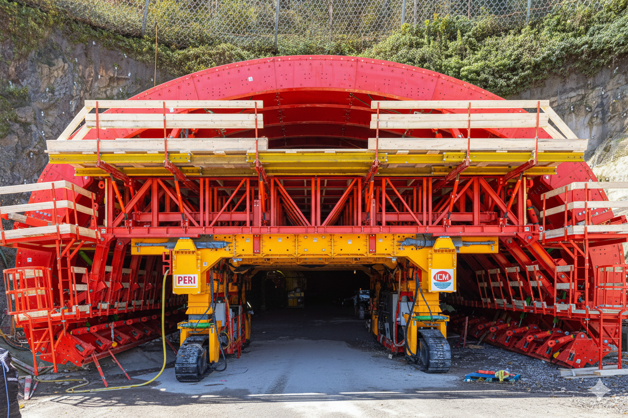 A large tunnel boring machine with red, yellow, and orange parts at a construction site, partially inside a tunnel bore with rocky and green terrain above.