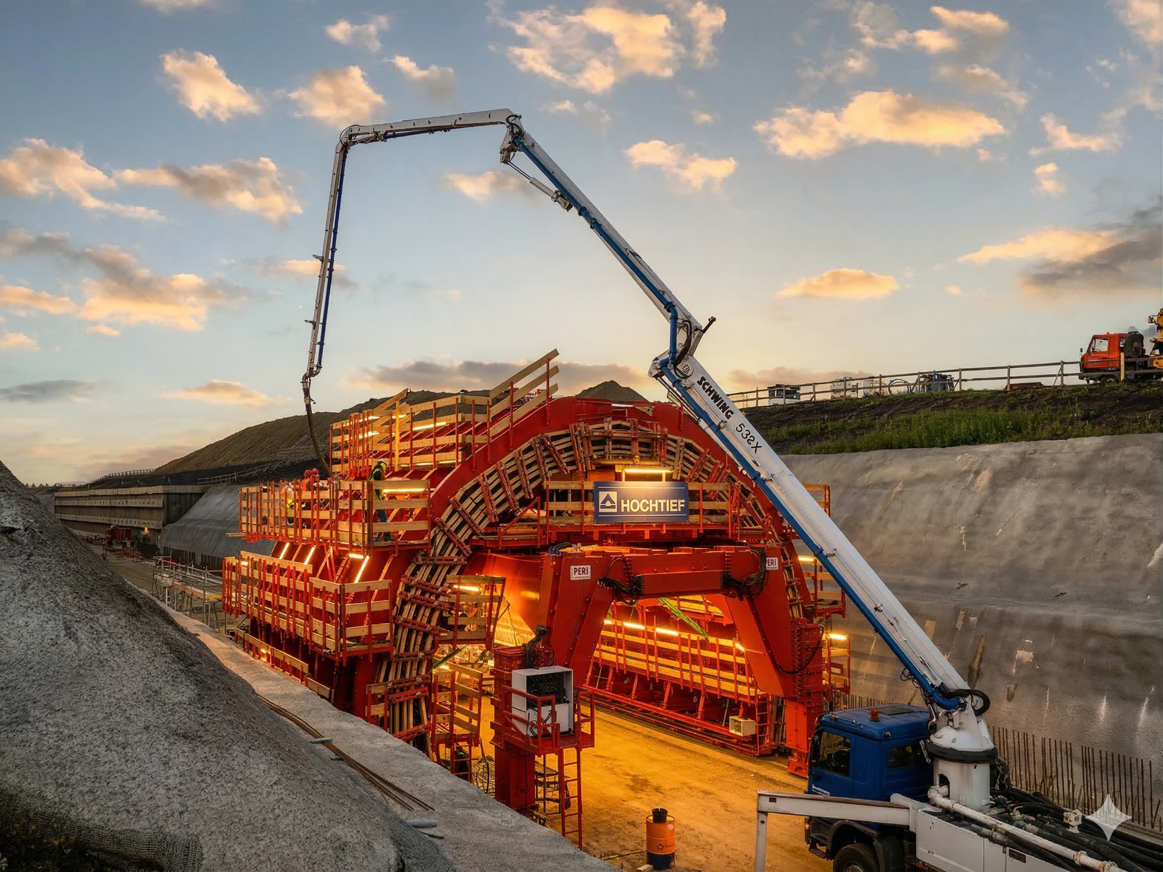 A construction site featuring a large red tunnel boring machine with a blue and white arm extending from a blue truck. The scene is set during sunset with a partly cloudy sky and surrounding hills.