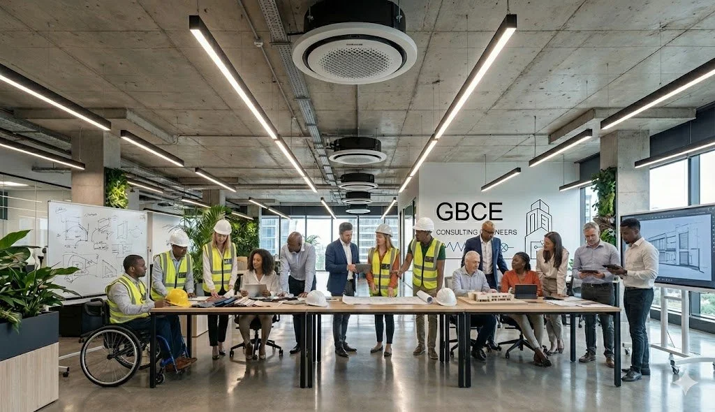 A diverse group of people, including construction workers in safety vests and helmets, and professionals in business attire, gathered around a table in a modern office. Some are seated, others are standing and discussing, with architectural plans and a digital screen displaying building designs visible.