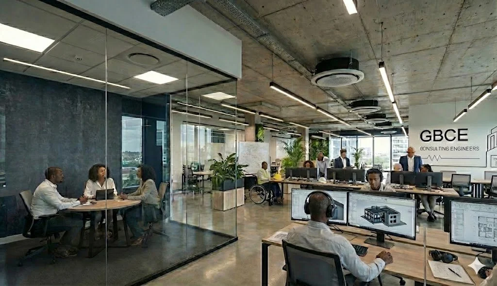 Office workspace with employees working at desks with multiple monitors, some in a meeting room with a glass wall, and others at workstations, including a person in a wheelchair near windows.