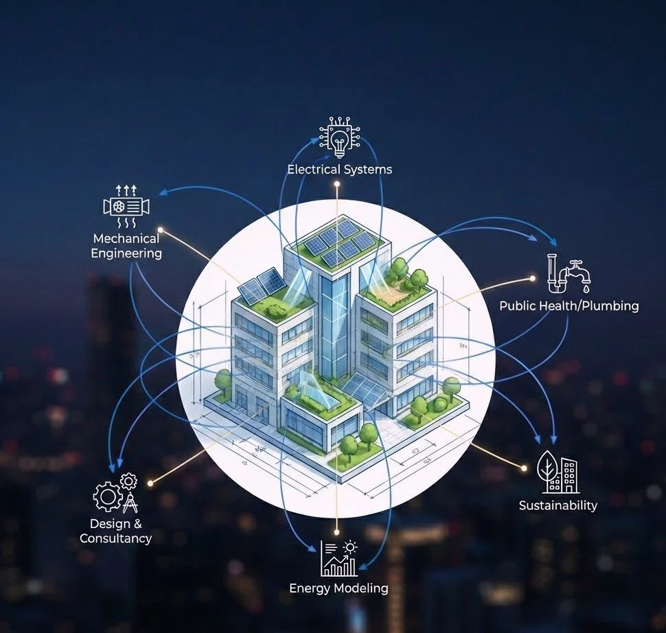 Diagram of a sustainable building with labels for electrical systems, public health/plumbing, sustainability, energy modeling, design and consultancy, mechanical engineering, and electrical systems.