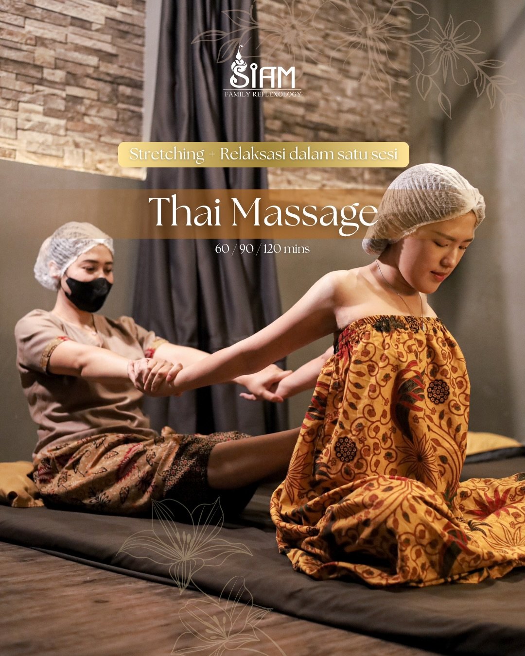 Rasakan kombinasi sempurna antara stretching &amp; relaksasi dalam satu sesi ✨

Thai Massage kami membantu melepaskan ketegangan otot, melancarkan peredaran darah, dan membuat tubuh kembali ringan &amp; segar. Cocok untuk kamu yang butuh recharge set
