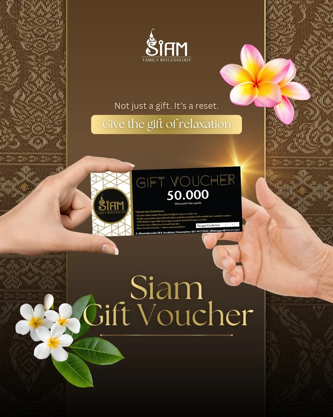 Kadang hadiah terbaik bukan barang
Tapi kesempatan untuk berhenti sejenak, rebahan tenang, dan pulang dengan badan yang terasa &ldquo;di-reset&rdquo; ✨🌿
Dengan Siam Gift Voucher, kamu bisa kasih pengalaman relaksasi untuk orang tersayang 🤍

Because