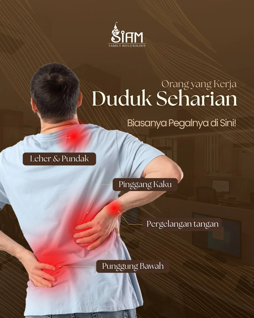 Duduk seharian, badan jadi pegel? 😵&zwj;💫
Jangan tunggu sampai rasa tidak nyaman mengganggu produktivitas dan aktivitas sehari-hari.

✨ Luangkan waktu untuk relaksasi dan pemulihan tubuh dengan treatment di Siam Family Reflexology.
Nikmati pijatan 