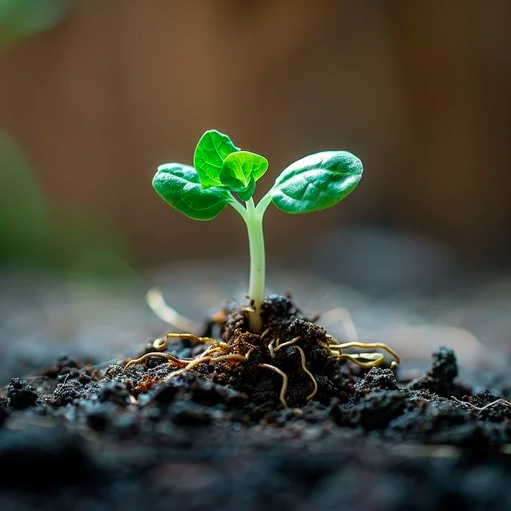 Junge Pflanze mit grünen Blättern wächst aus dunkler Erde.