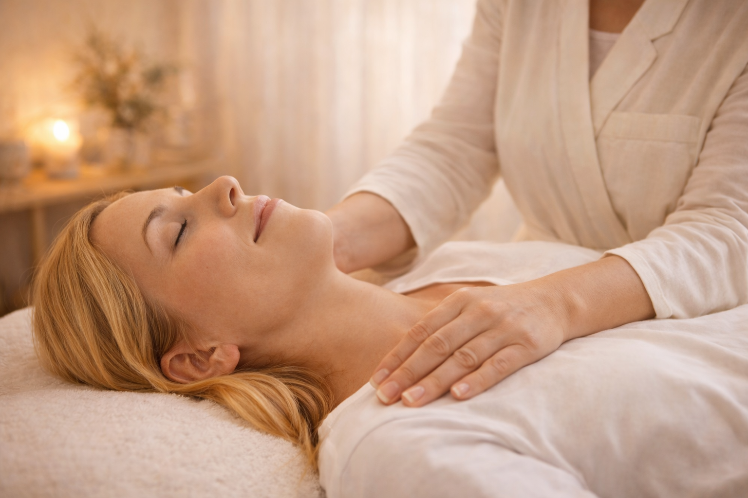 Une femme reçoit un massage relaxant dans un spa, lieu apaisant avec lumière douce et décor chaleureux.
