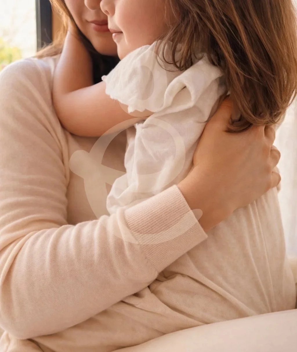 Une mère et sa fille partagent un câlin chaleureux, les deux ont les yeux fermés et semblent heureux, dans une lumière naturelle provenant d'une fenêtre.