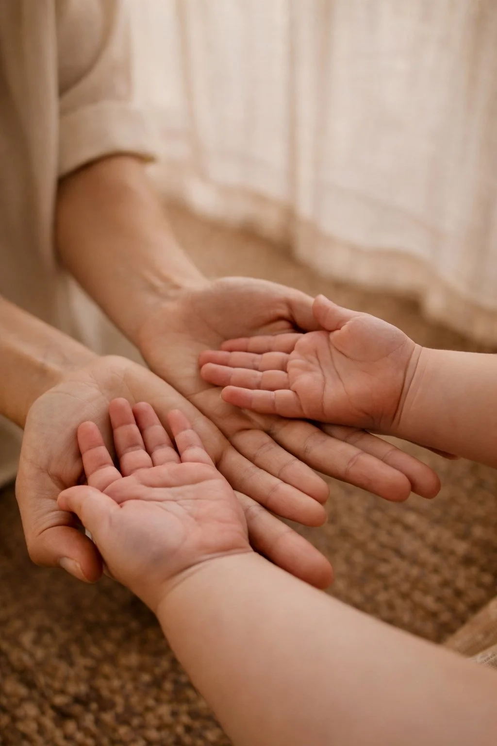 Deux mains adultes tendent leurs paumes vers deux petites mains d'enfant, symbolisant la transmission ou le lien familial, dans un environnement intérieur avec lumière douce.