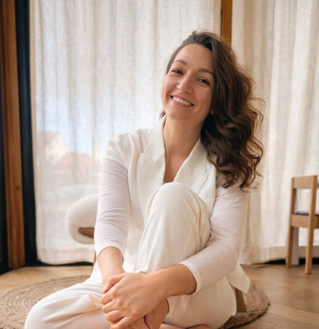 une femme souriante assise sur un tapis à l'intérieur, avec des rideaux semi-transparents derrière elle et une chaise en bois à droite