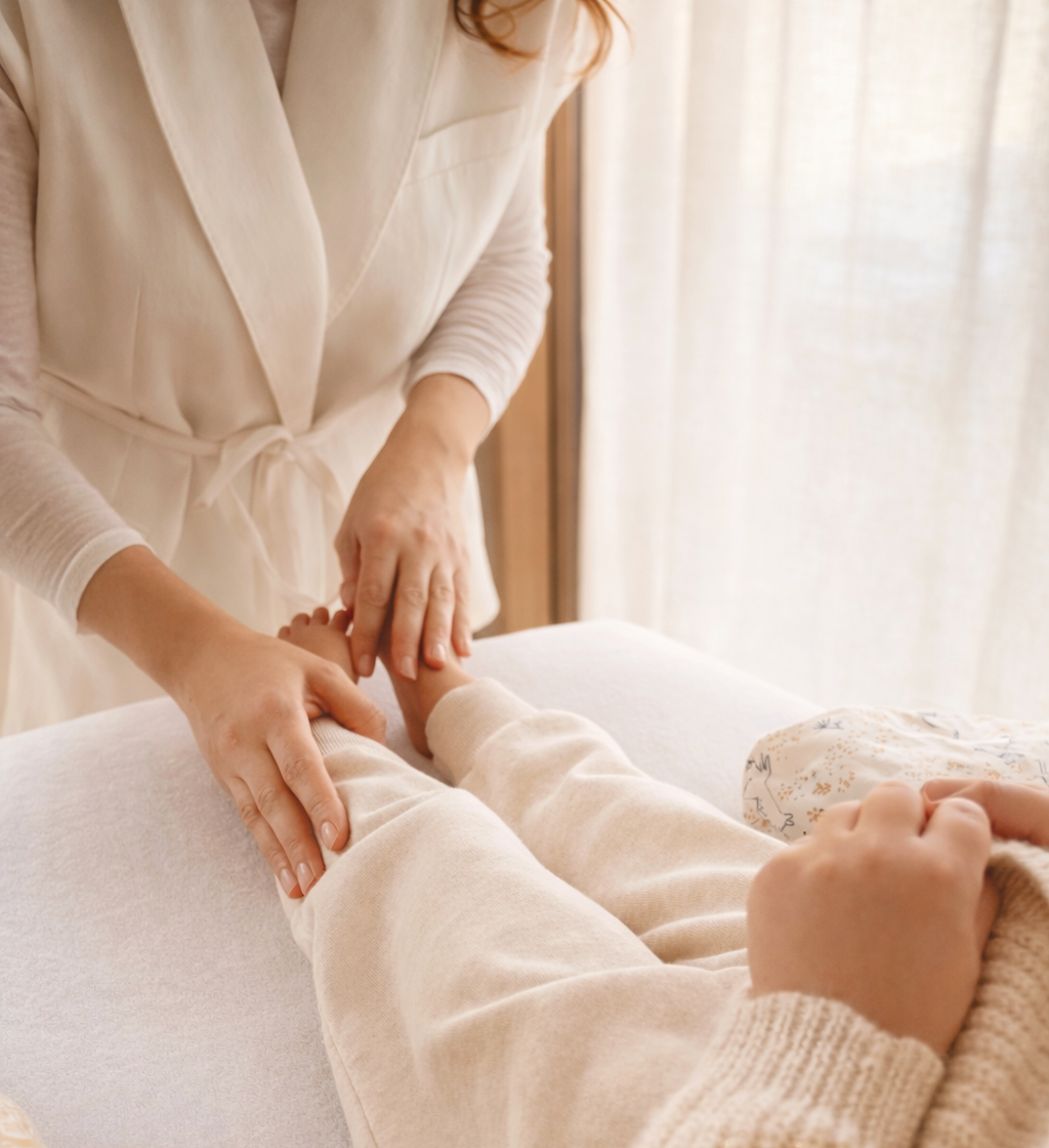Une femme donne un massage à une personne allongée sur une table, dans une pièce lumineuse.