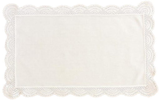 A white lace tablecloth with a rectangular shape and intricate scalloped edges.
