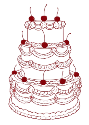 Three-tiered red chain cake with cherries on top