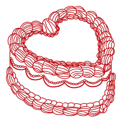 A 3D illustration of a cake-shaped heart made of intertwined red loops.