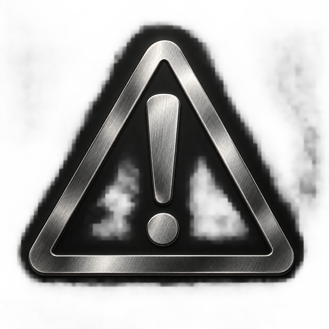 Metal warning sign with an exclamation mark inside a triangle on a black background.