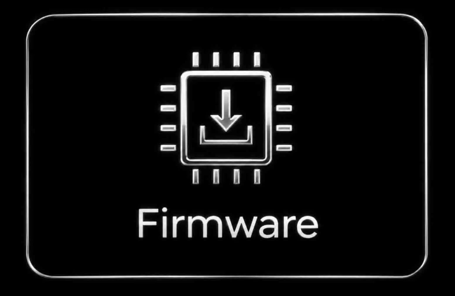 Neon-style icon of a microchip with a download arrow inside, below the word 'Firmware' on a black background.