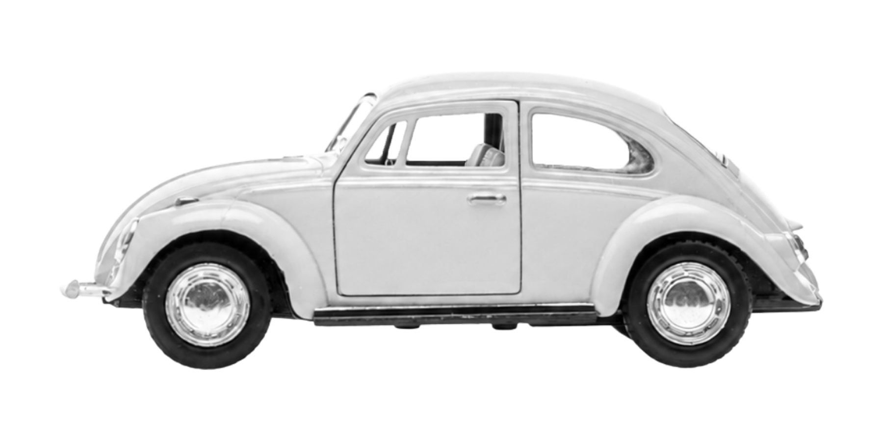 A black and white photo of a classic car, viewed from the side.