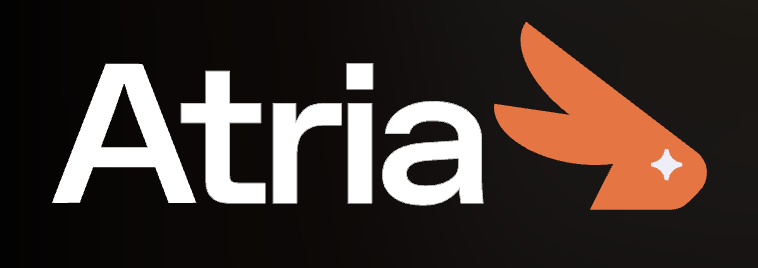 The image features the word 'Atria' in bold white letters on a black background, with an orange logo resembling a stylized bird or wing next to the text.