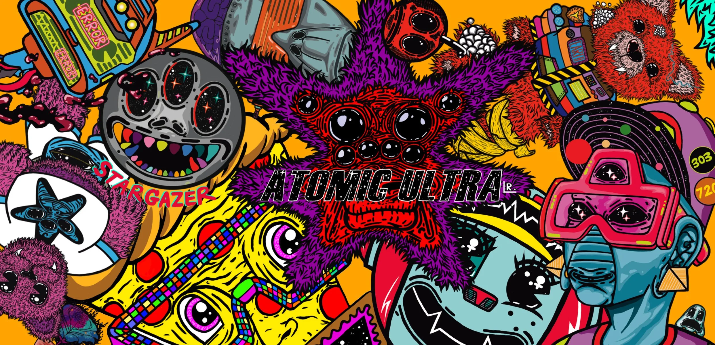 Colorful, psychedelic collage of cartoonish characters and objects, including a smiling skull, a furry animal with goggles, a robot face, a star-shaped figure, a person wearing goggles, a cassette tape, and the words 'ATOMIC ULTRA' in bold. The background is bright orange with various abstract designs and vibrant patterns.