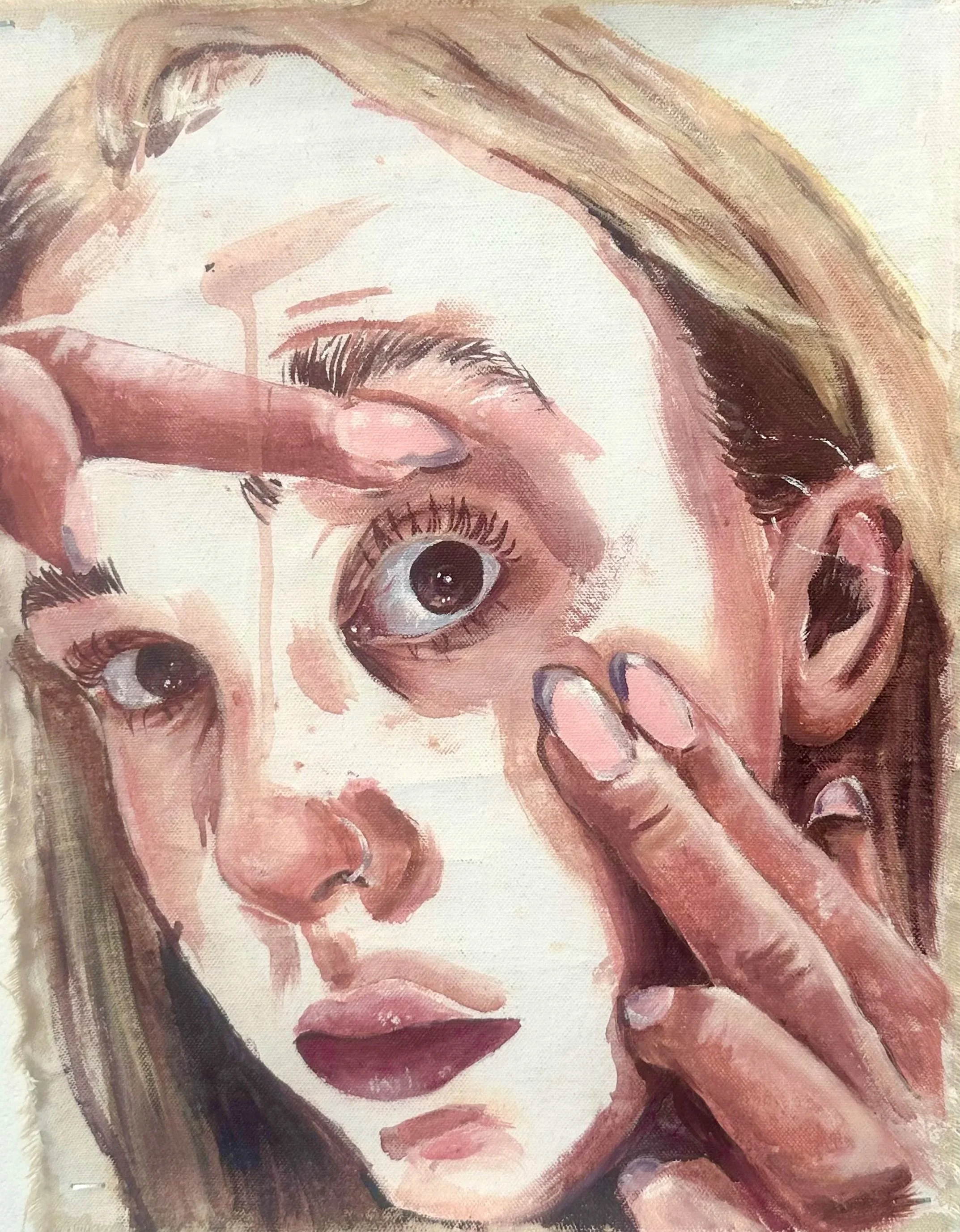 Untitled (Study) A4 canvas (2024). A moment of doubt, studying flaws and imperfections in a mirror.