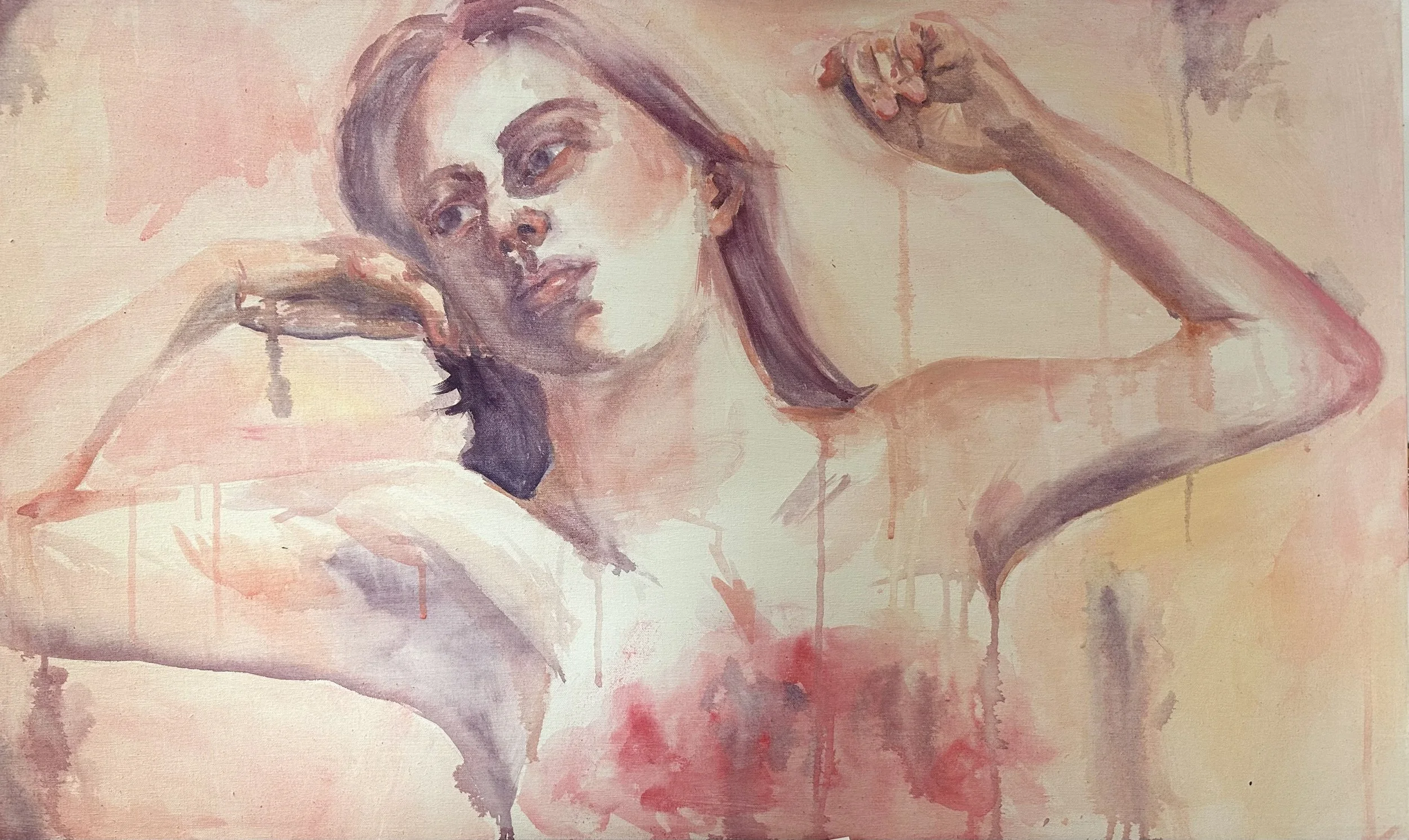 'Letting Go', Acrylic on canvas.
100cm x 60cm
(2025) 
Paired with 'Catharsis,' these works explore the expectations of a male-dominated world and the way in which we get lost in our own minds.