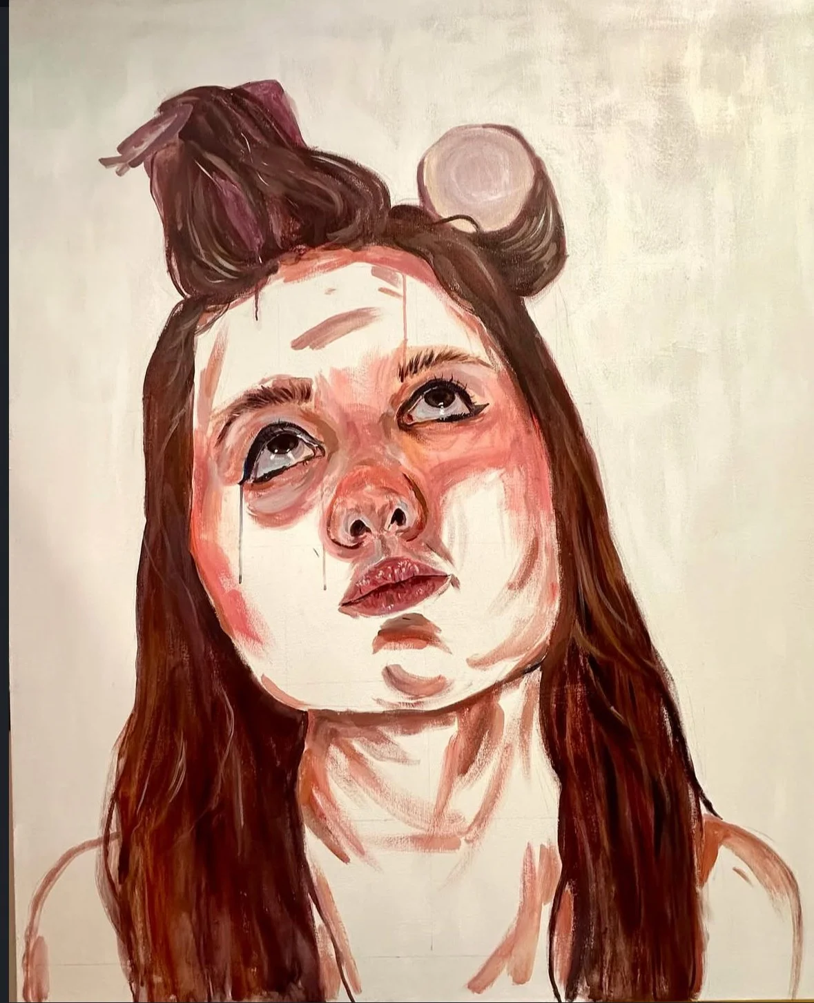 'Getting Ready.' Acrylic on Canvas. 1m x 1.2m (2024). Reminiscent of the 60s 'velcro rollers' trends, this painting depicts a girl deep in thought whilst getting ready for the day.