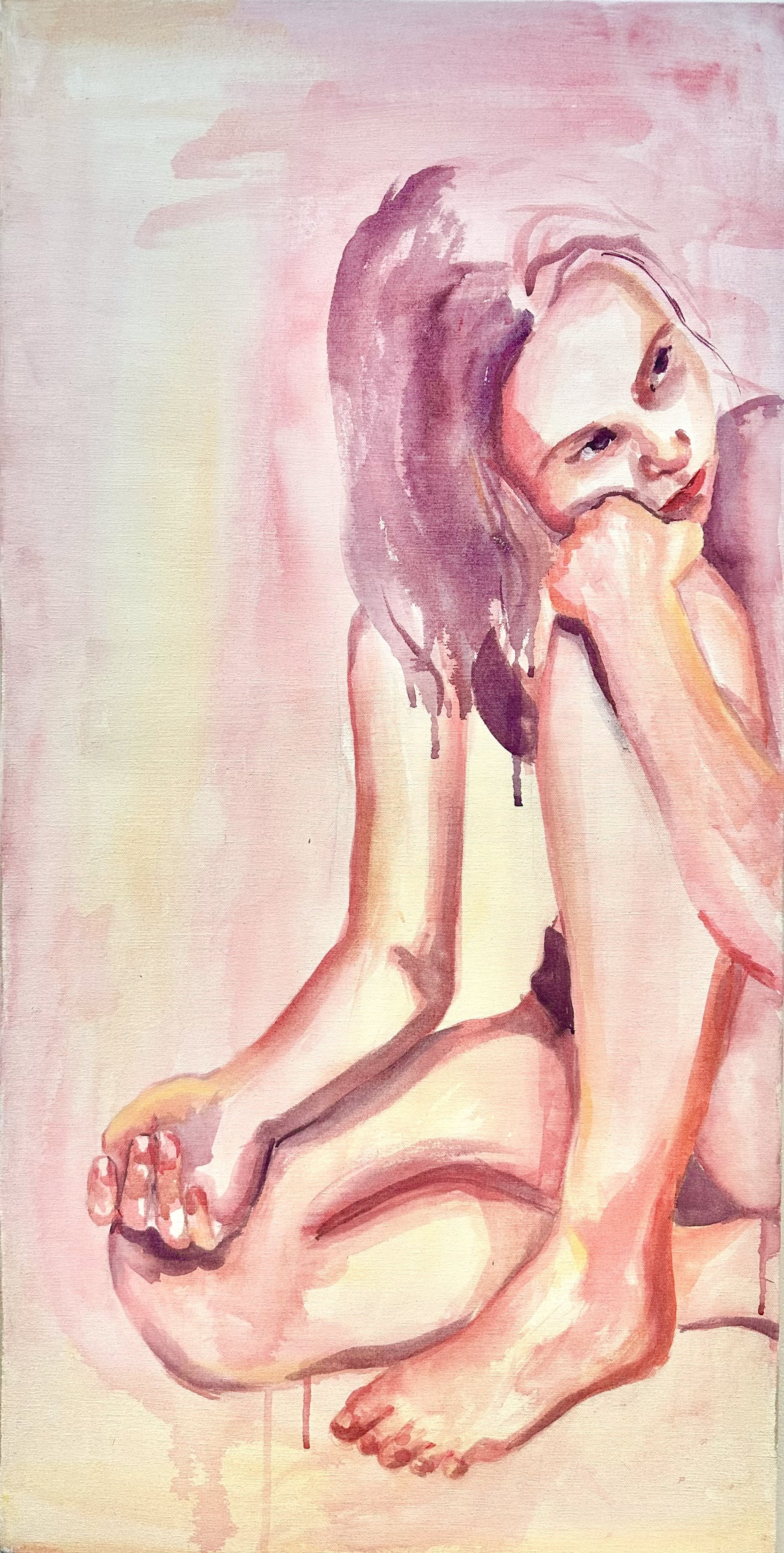 'Bathroom Floor', Acrylic on canvas.
100cm x 50cm
(2026)
A reflection of a long day after a hot shower, sitting on the bathroom floor.
