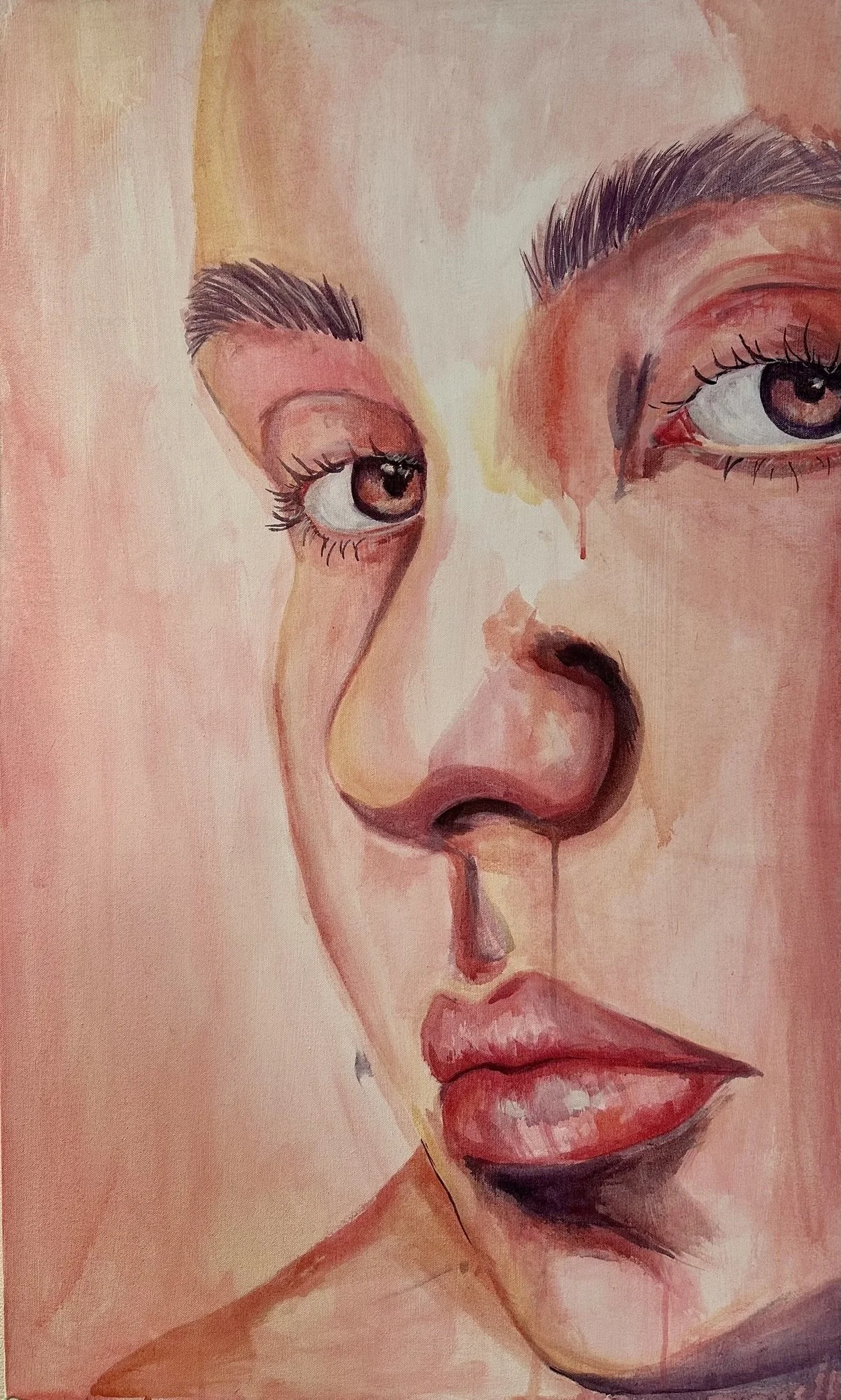 'Are You Listening?' Acrylic on canvas.
100cm x 60cm
(2026)
Acknowledging the viewer through a close-cropped shot.