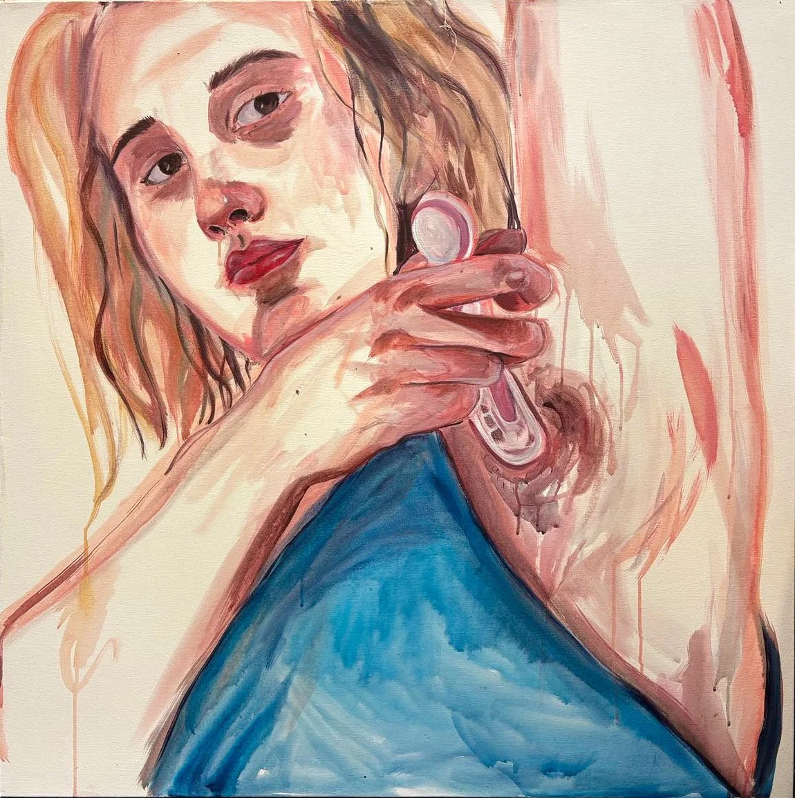 'Shaving.' Acrylic on canvas. 1m x 1m. (2025) This piece explores the history of women’s shaving and the way it shapes how we view ourselves.