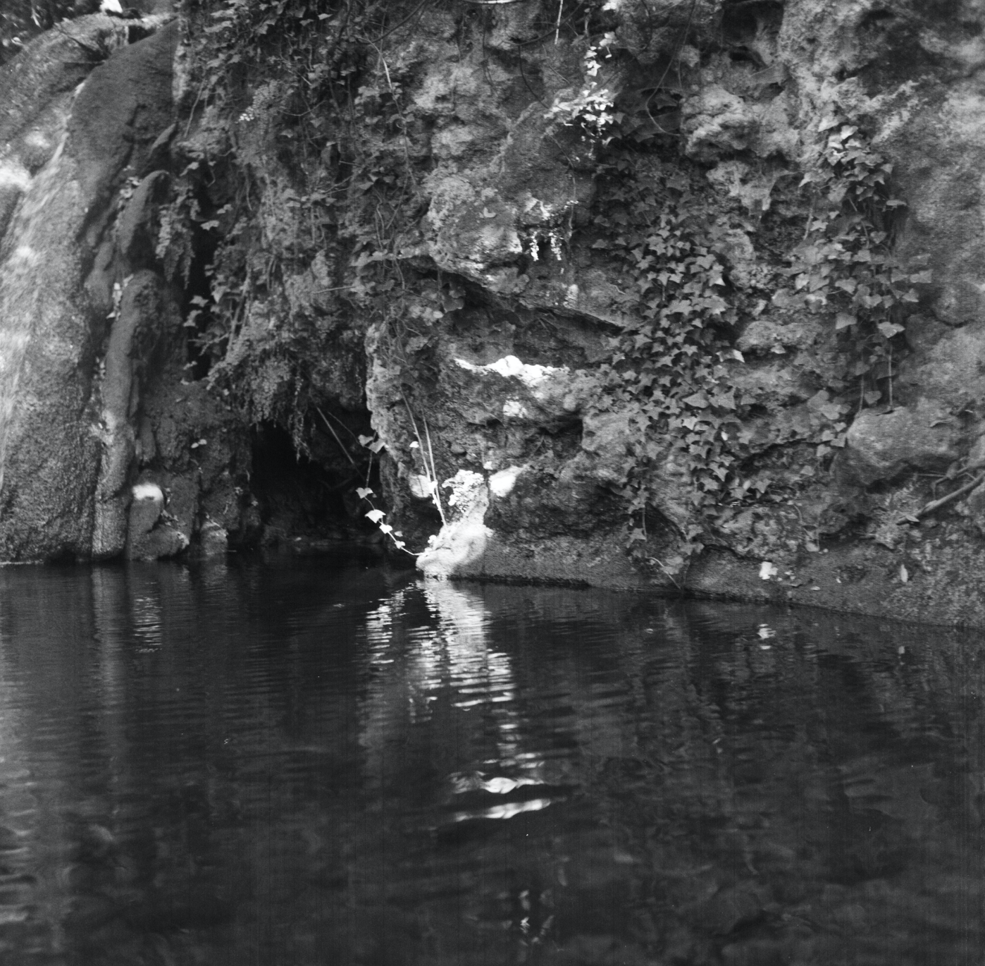 A black and white photo of a rocky riverbank with ivy growing on the rocks, and a small cave or opening near the water's edge.