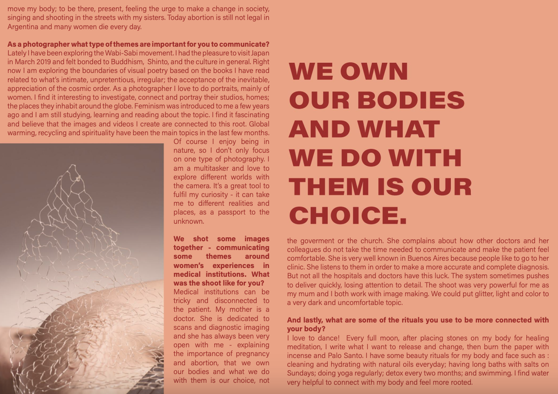 A digital collage with a peach background and maroon text focusing on themes of body autonomy, women's experiences, and self-care rituals, including a photograph of a wire sculpture of a mountain with a person's silhouette at the peak, and a paragrap