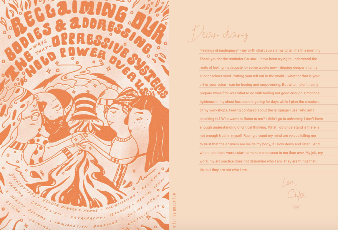 A handwritten note on the right side of the image titled 'Dear diary,' discussing feelings of inadequacy and emotional struggles. An abstract orange illustration on the left features diverse women holding hands and emerging from a tree, with words li