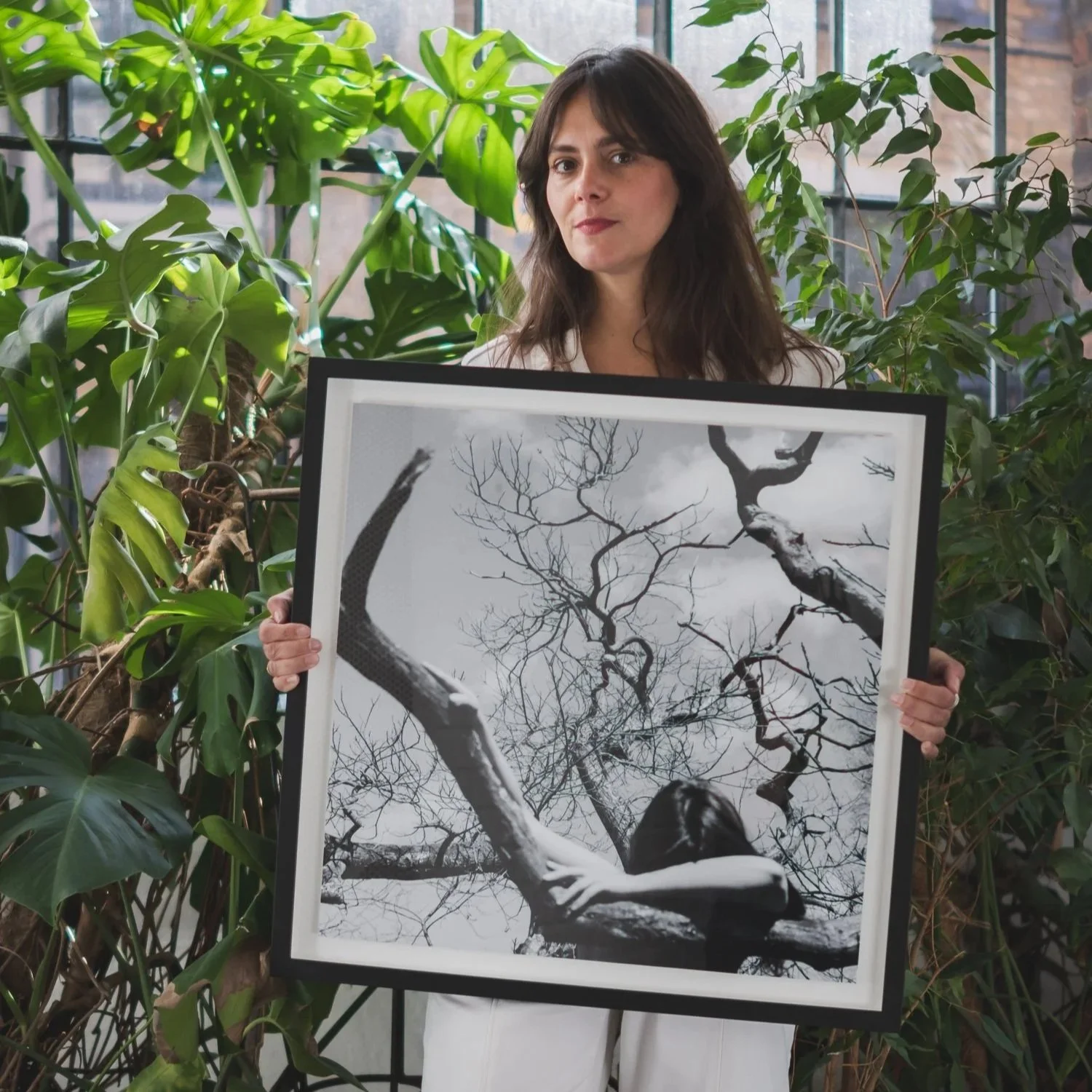 Woman holding a black and white photograph of a leafless tree, surrounded by indoor plants.