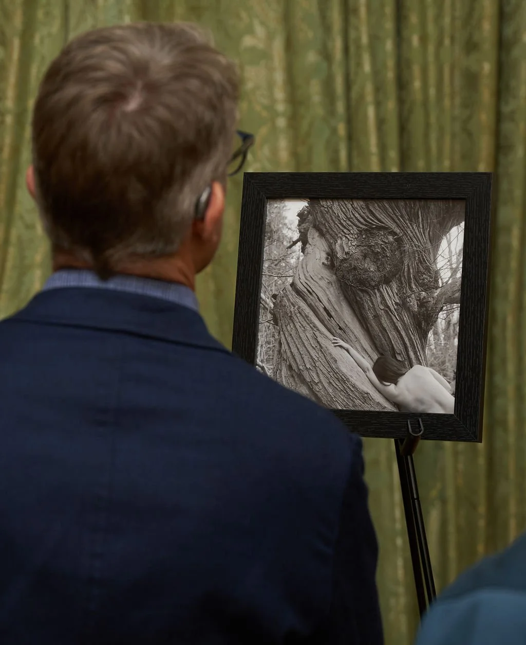 A person with glasses and a earpiece, facing away, looking at a black-and-white photograph of a girl hugging a large, textured tree trunk in a forest, displayed on an easel.