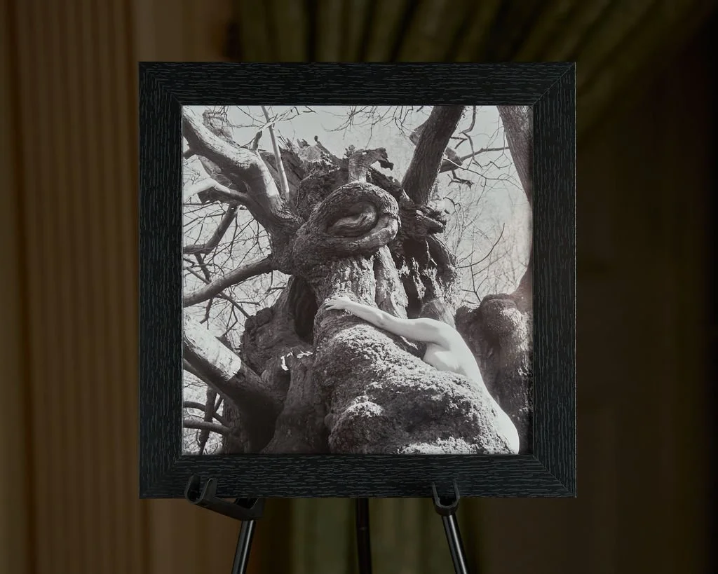 A black and white photograph of a person with outstretched arms leaning against a large, old tree with twisted branches, taken outdoors.